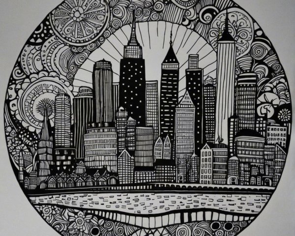 Stylized Black-and-White City Skyline Illustration
