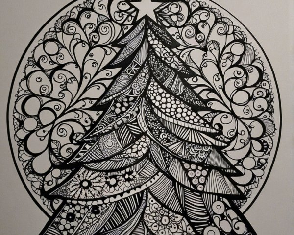 Intricate Black and White Christmas Tree Illustration