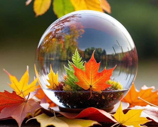 Glass Snow Globe with Autumn Leaves and Moss