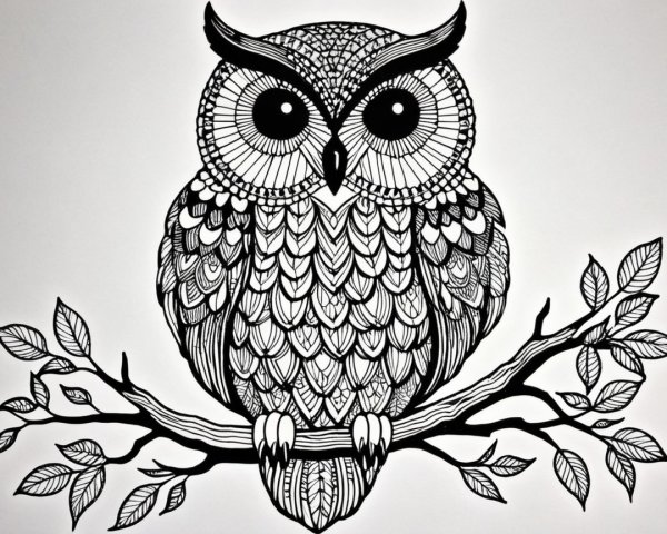 Black and white illustration of an owl on a branch