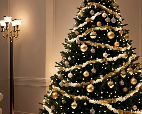 Elegant Christmas Tree with Gold and Silver Ornaments