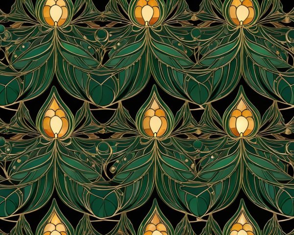 Stylized Leaves and Blossoms in Green and Gold Design