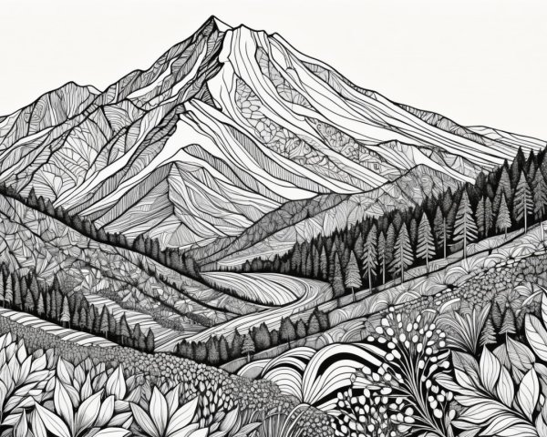 Detailed Black and White Mountain Landscape Illustration