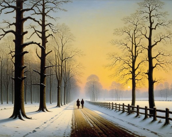 Snowy Road Scene with Figures and Sunset Background