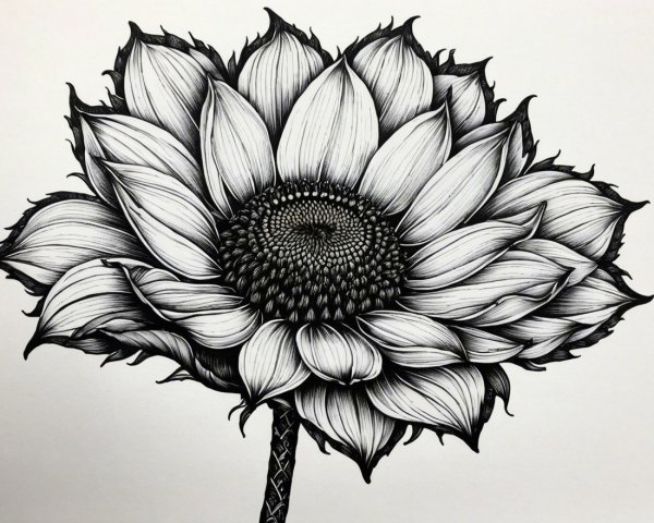 Detailed Black-and-White Illustration of a Sunflower
