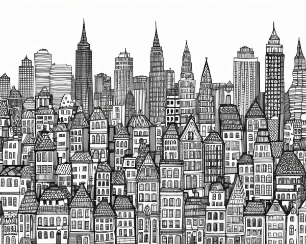 Black and white city skyline illustration with diverse architecture