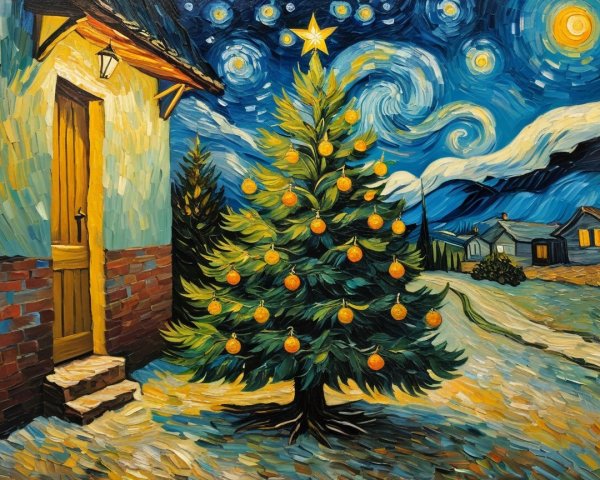 Christmas Tree with Golden Ornaments and Cozy House