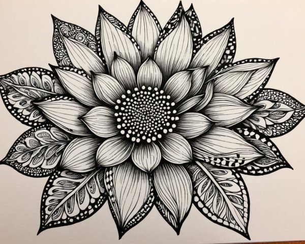 Intricate Black Ink Sunflower Design on White Paper