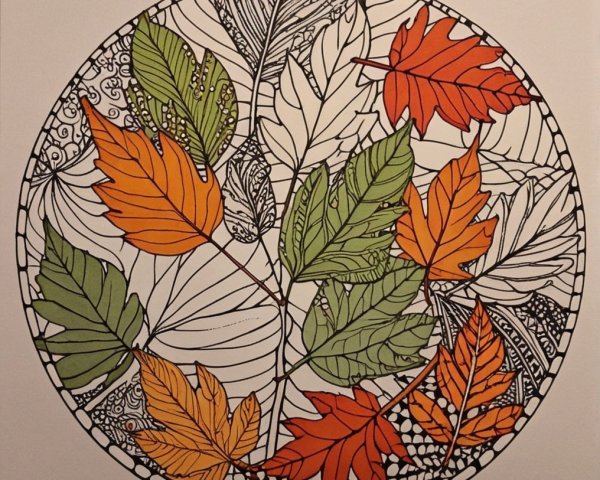 Circular Design of Intricate Colorful Leaf Illustrations