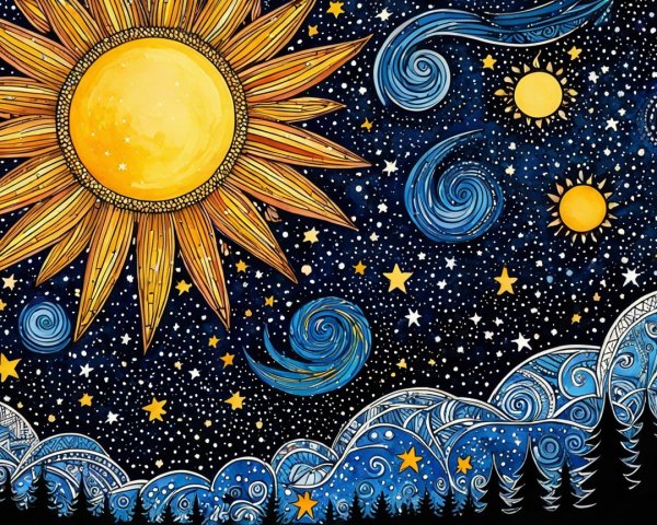 Vibrant Night Sky with Celestial Bodies and Trees