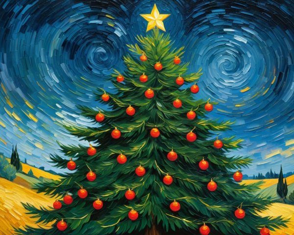 Vibrant Christmas Tree Against Starry Night Sky