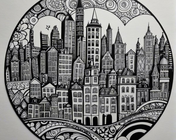 Black and White City Skyline Illustration in Circle