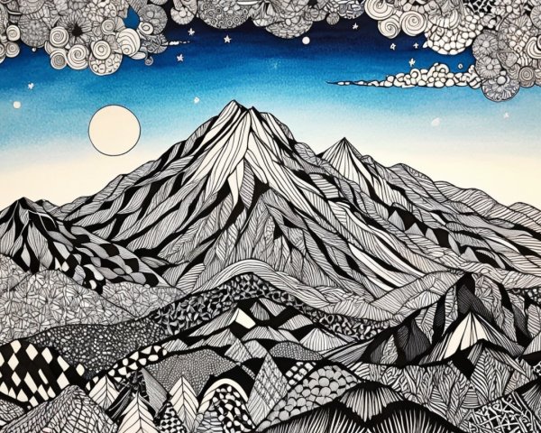 Intricate Black and White Doodle Art Landscape Design