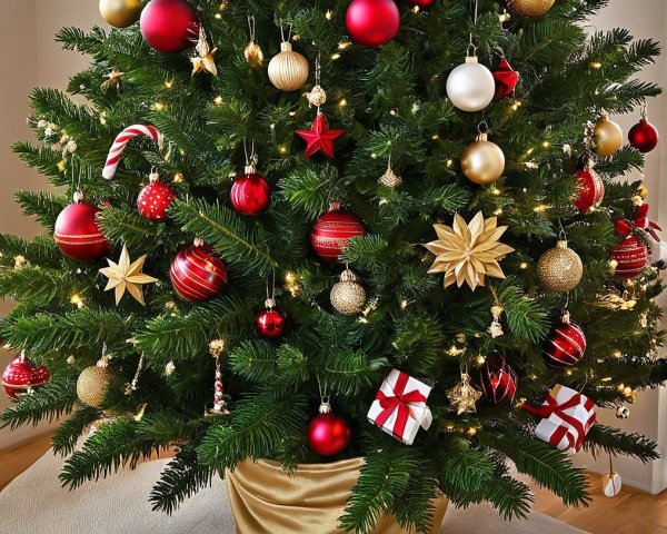 Decorated Christmas Tree in Cozy Room with Gifts