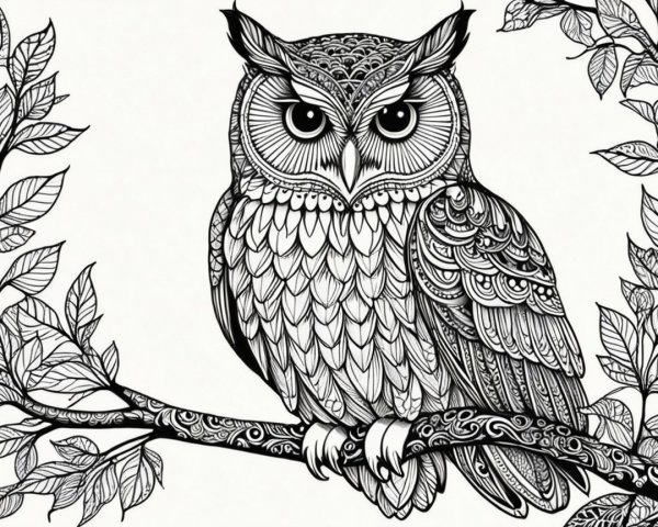 Black and white illustration of an owl on a branch