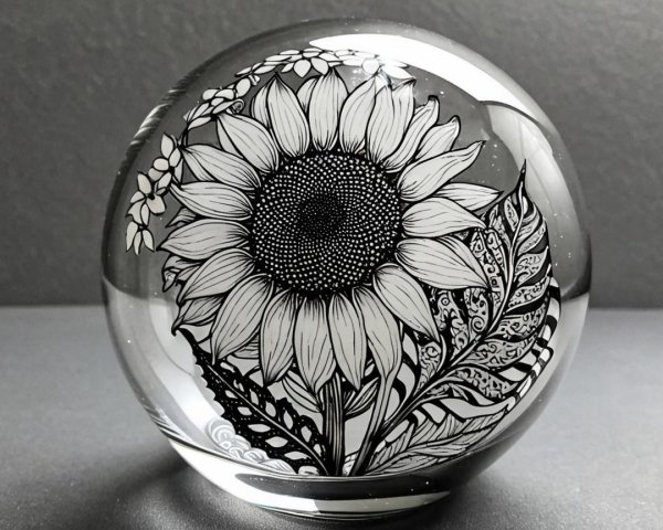 Crystal Orb with Intricate Sunflower Illustration
