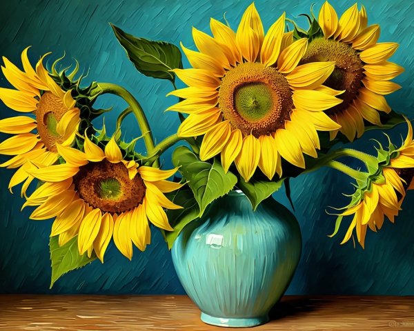 Sunflowers in Turquoise Vase Against Blue Background