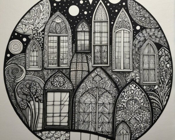 Circular Design with Gothic Windows and Floral Motifs