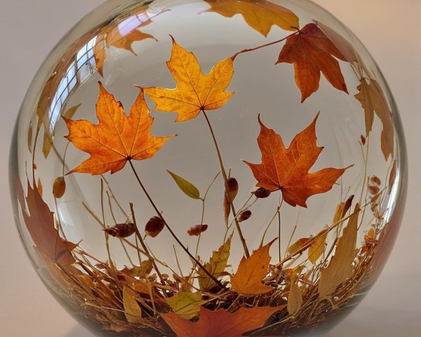 Glass Sphere with Autumn Leaves and Dried Grass