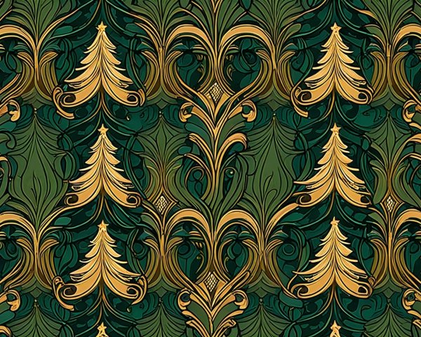 Ornamental Pattern of Golden Trees on Green Background