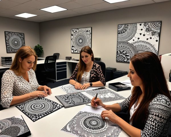 Women Coloring Mandalas in Modern Office Setting