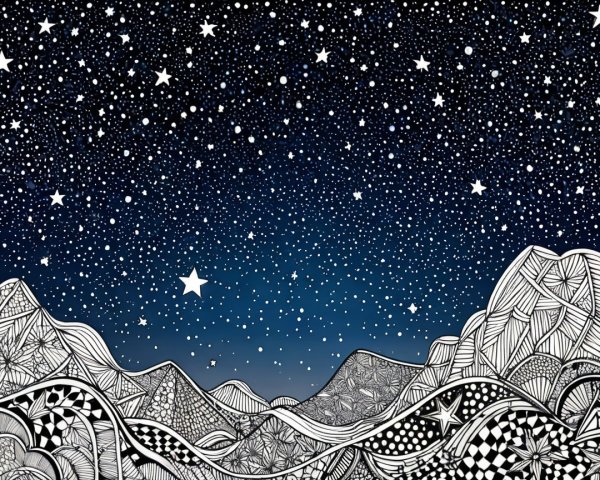 Zentangle Style Black and White Mountain Landscape Drawing