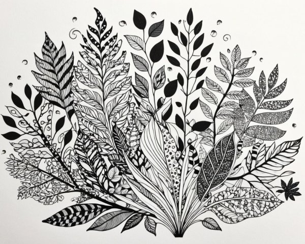 Black-and-white illustration of diverse stylized plants