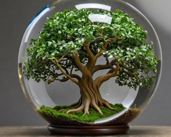 Bonsai Tree in Glass Dome with Lush Foliage and Moss