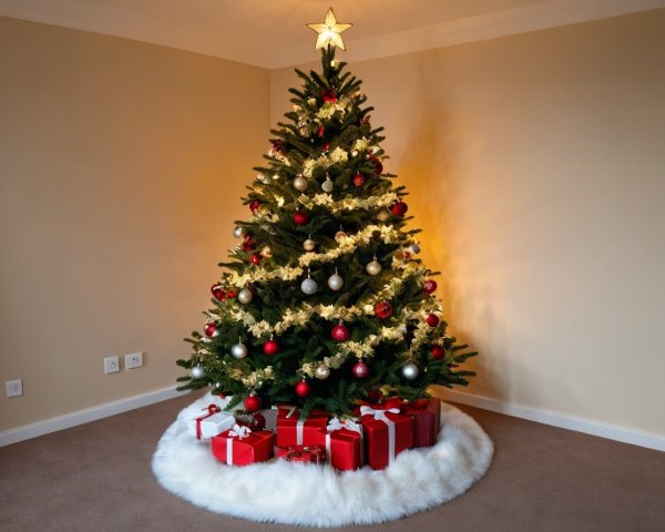 Christmas Tree Decorated with Gold and Red Ornaments