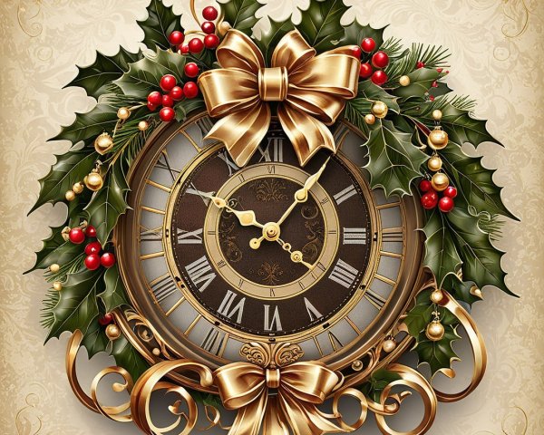 Festive Holiday Clock Face with Holly and Bows