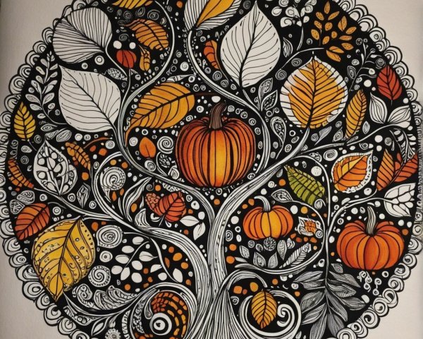 Detailed Illustration of a Circular Autumn Tree