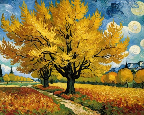 Vibrant Painting of Golden Trees and Blue Sky