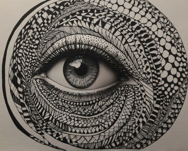 Black and White Illustration of an Eye with Patterns