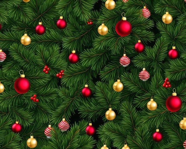 Evergreen Pine Branches with Holiday Ornaments