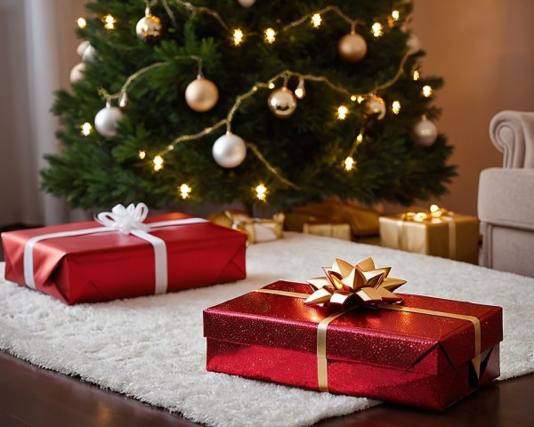 Cozy Holiday Scene with Red Gift Boxes and Tree