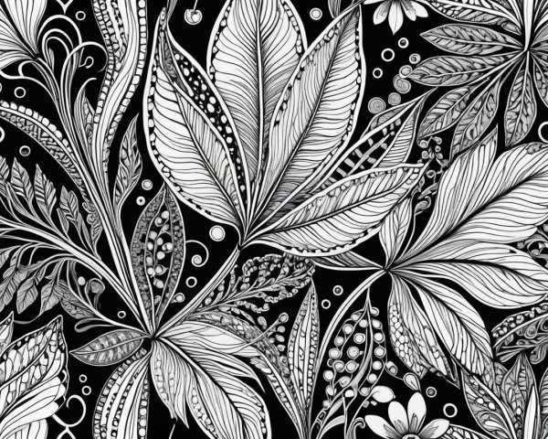 Intricate Black-and-White Floral and Leaf Illustration