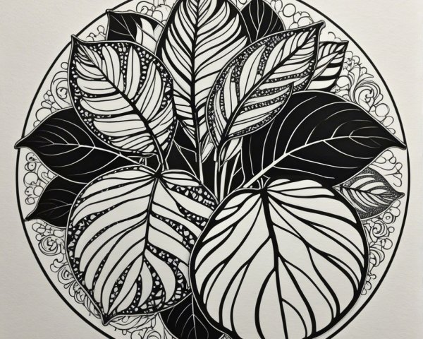 Intricate Black-and-White Leaf Illustration in Circle