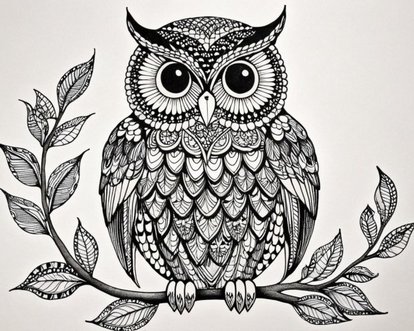 Black-and-white illustration of an owl on a branch