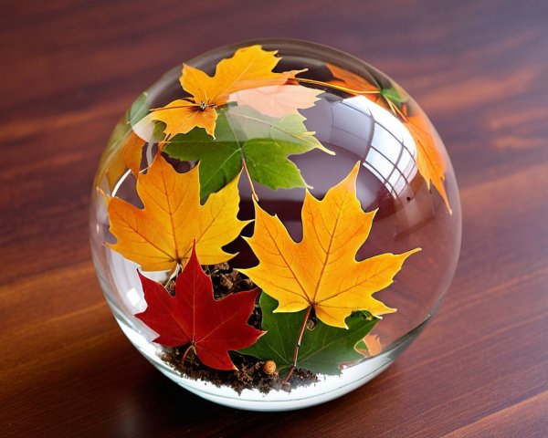 Transparent Glass Orb with Autumn Leaves Display