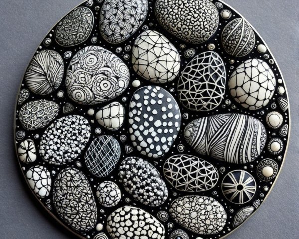 Circular Artwork of Black and White Decorative Pebbles