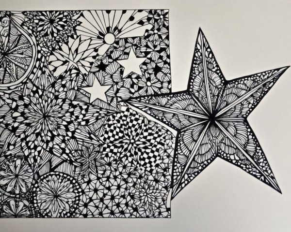 Intricate Black-and-White Illustration of Patterns and Shapes