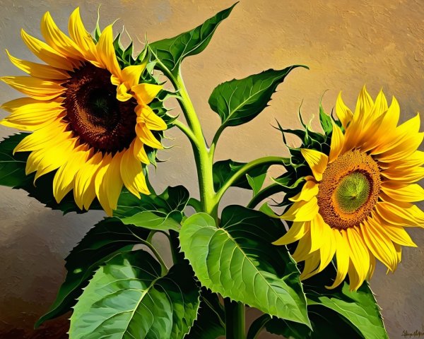 Vibrant Sunflowers with Bright Yellow Petals and Leaves
