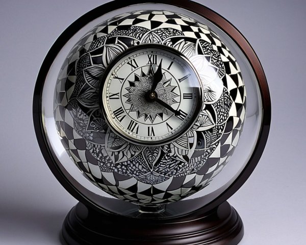 Ornate Black and White Globe Clock in Wooden Frame