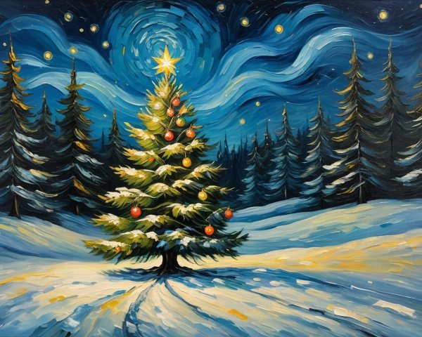 Winter Landscape with Christmas Tree and Snowy Scene