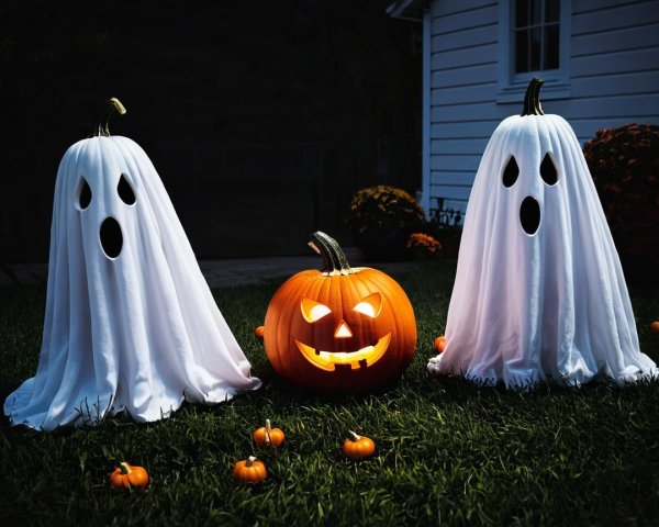 Playful Ghosts and Carved Pumpkin in Halloween Scene