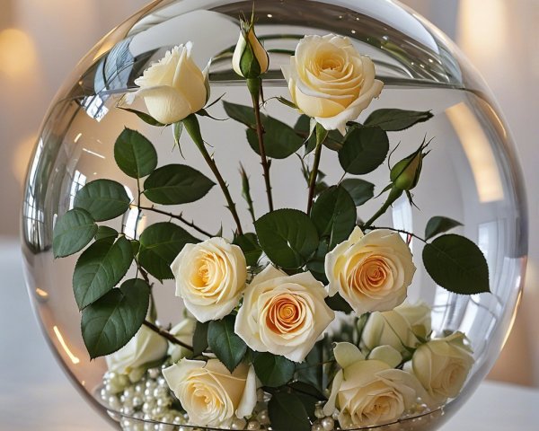 Elegant White Roses in Round Glass Vase Arrangement