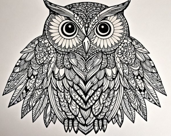 Intricate Black-and-White Owl Illustration Details