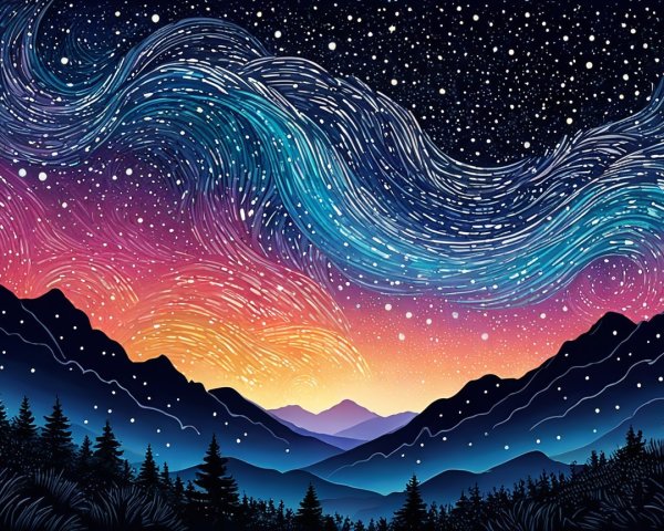 Vibrant Night Sky with Stars and Mountain Silhouettes