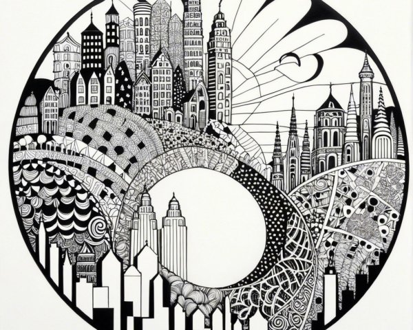 Circular Skyline Design with Intricate Black-and-White Patterns