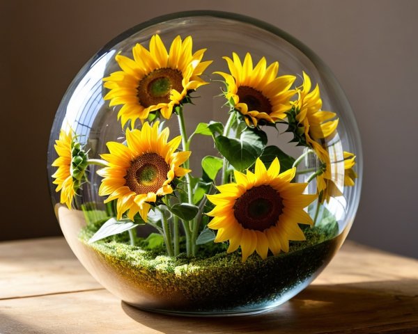 Glass Orb with Sunflowers and Lush Greenery Arrangement